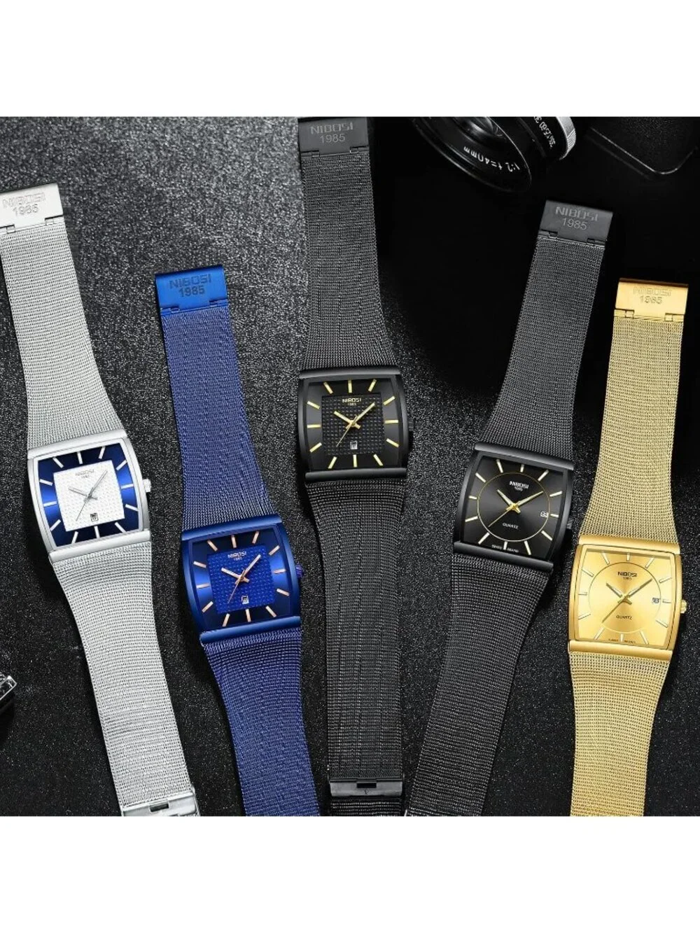Nibosi Men's Silver Blue Square Analog Quartz Stainless Mesh Waterproof Watch
